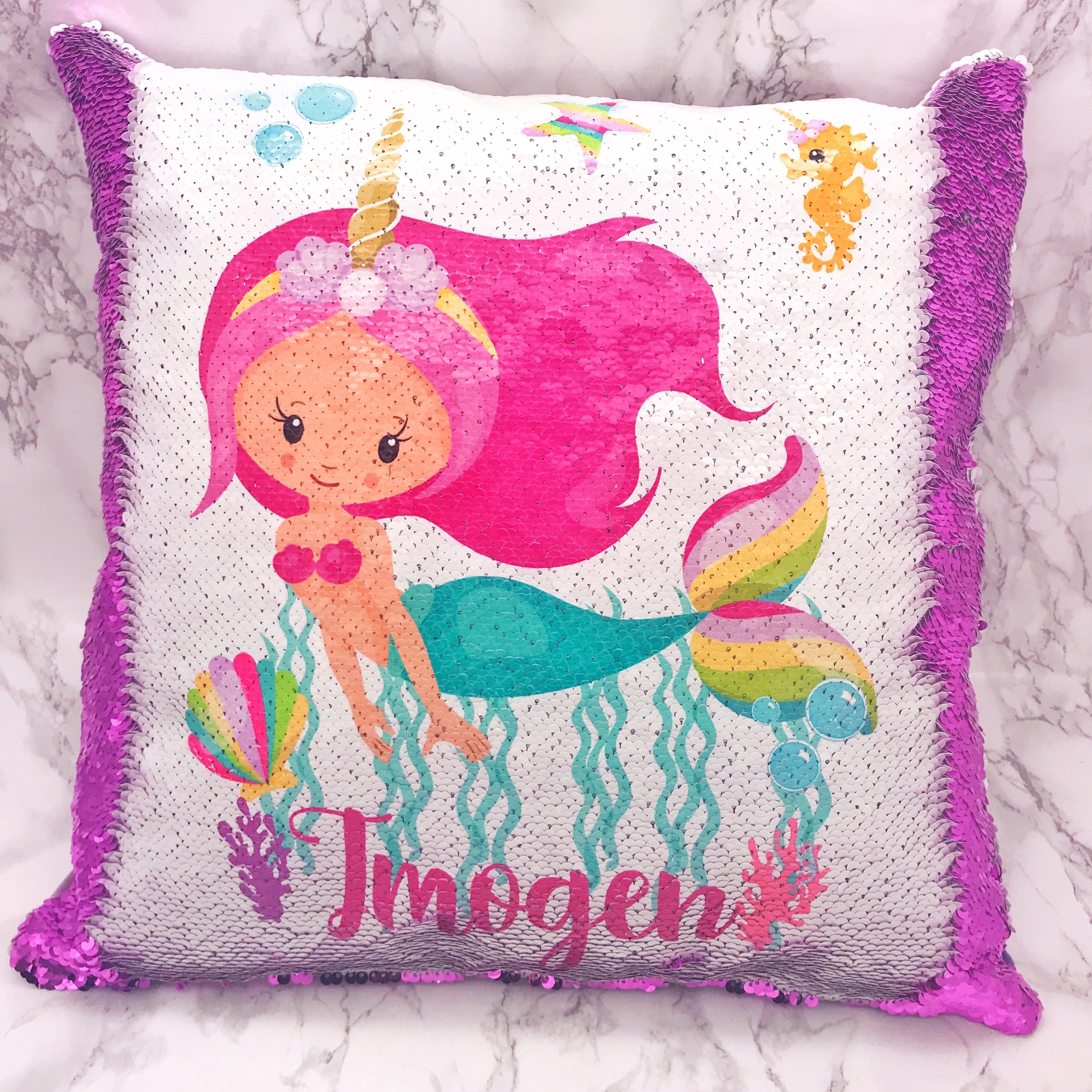 Mermaid Unicorn Personalised Mermaid Sequin Cushion Molly Dolly Crafts
