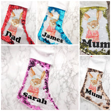 Load image into Gallery viewer, Personalised Snow Rabbit Fur Topped Sequin Christmas Stocking
