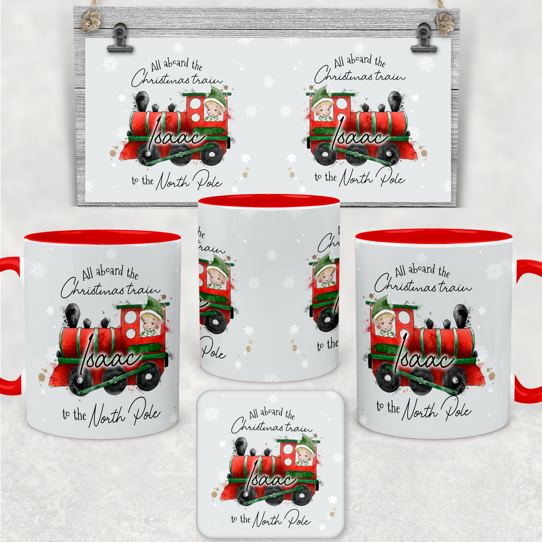 Red Handled All Aboard the Christmas Train Personalised Christmas Eve Mug and Coaster Set