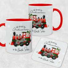 Load image into Gallery viewer, Red Handled All Aboard the Christmas Train Personalised Christmas Eve Mug and Coaster Set
