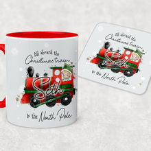 Load image into Gallery viewer, Red Handled All Aboard the Christmas Train Personalised Christmas Eve Mug and Coaster Set
