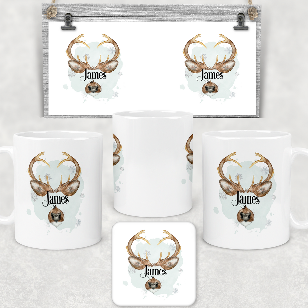 Reindeer Antler Personalised Christmas Eve Mug and Coaster Set