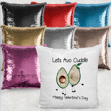 Load image into Gallery viewer, Lets Avo Cuddle Avocado Valentine&#39;s Day Mermaid Sequin Cushion
