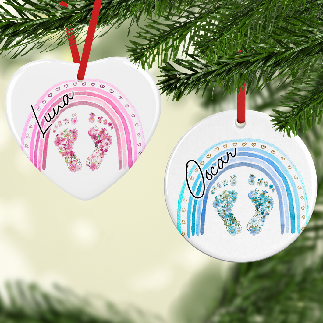 Baby Feet Watercolour Personalised Ceramic Bauble