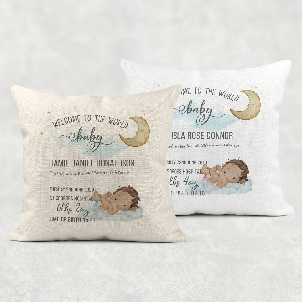 Baby Welcome to the World Birth Stat Personalised Cushion Linen White Canvas