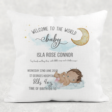Load image into Gallery viewer, Baby Welcome to the World Birth Stat Personalised Cushion Linen White Canvas
