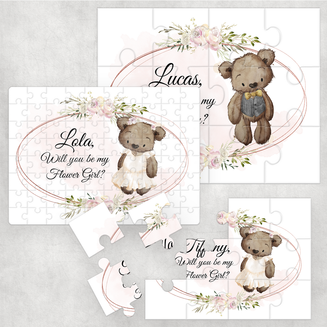 Bear Will you be my Flower Girl, Page Boy, Bridesmaid, Usher Proposal Jigsaw Various Sizes