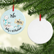 Load image into Gallery viewer, Bear Baby&#39;s First Christmas Ceramic Round or Heart Christmas Bauble
