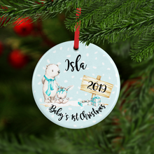 Load image into Gallery viewer, Bear Baby&#39;s First Christmas Ceramic Round or Heart Christmas Bauble
