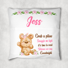 Load image into Gallery viewer, Bear Personalised Pocket Book Cushion Cover White Canvas
