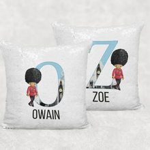 Load image into Gallery viewer, Beefeater Soldier Alphabet Watercolour Mermaid Sequin Cushion
