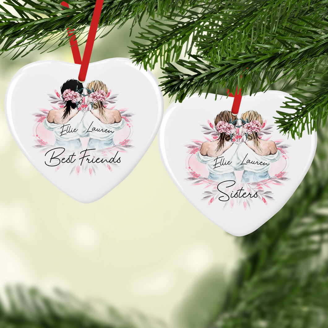 Best Friend Sister Watercolour Personalised Ceramic Round or Heart Christmas Bauble