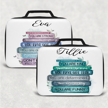 Load image into Gallery viewer, Book Stack Positive Affirmations Insulated Lunch Bag

