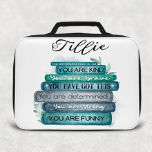 Load image into Gallery viewer, Book Stack Positive Affirmations Insulated Lunch Bag
