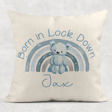 Load image into Gallery viewer, Teddy Rainbow Born in Lockdown Cushion Linen White Canvas
