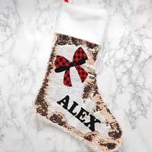 Load image into Gallery viewer, Personalised Bow Fur Topped Sequin Christmas Stocking
