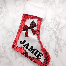 Load image into Gallery viewer, Personalised Bow Fur Topped Sequin Christmas Stocking
