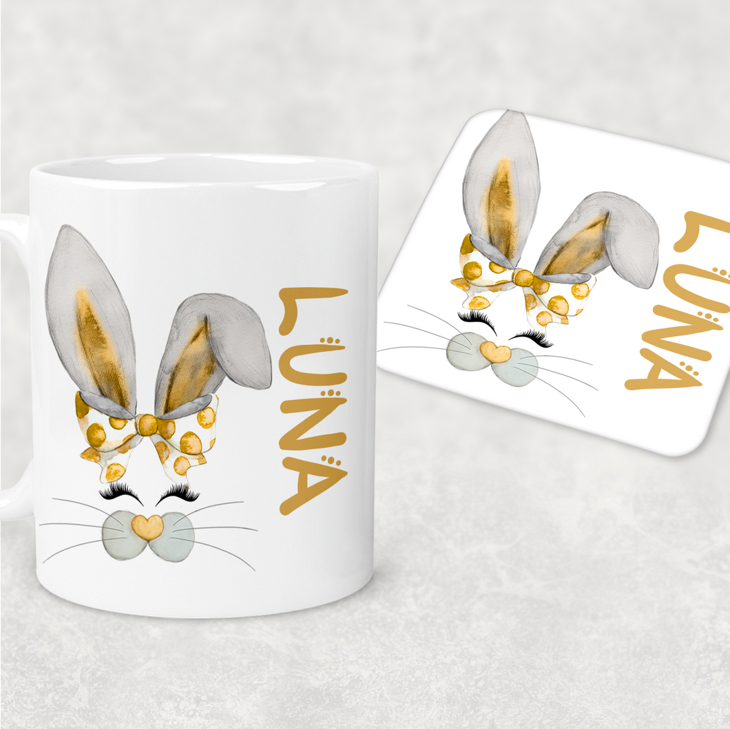 Bunny Rabbit Face Personalised Mug and Coaster Set