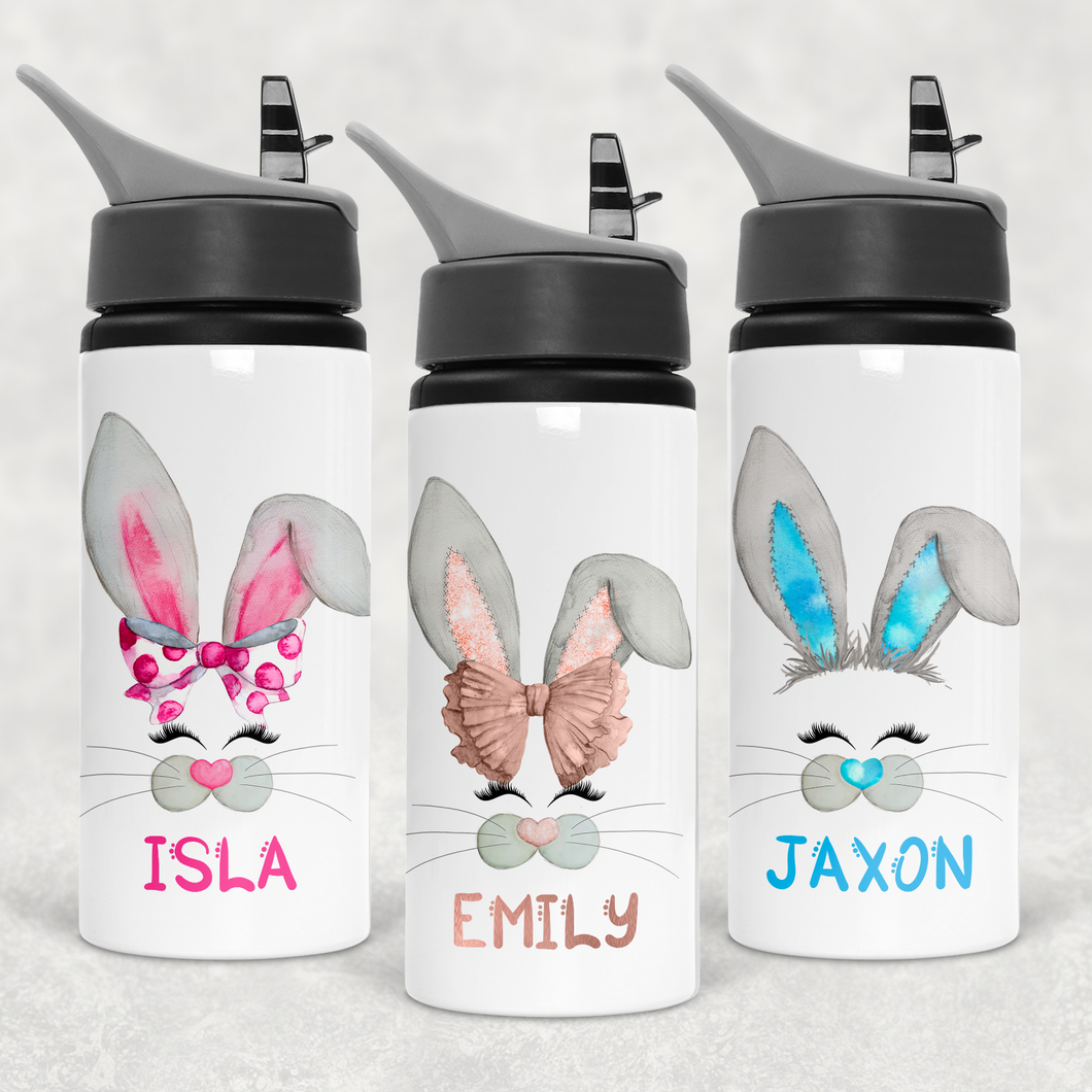 Bunny Rabbit Face Personalised Aluminium Straw Water Bottle 650ml