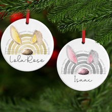 Load image into Gallery viewer, Bunnybow Hoppy Easter Bunny Rabbit Personalised Ceramic Round or Heart Bauble
