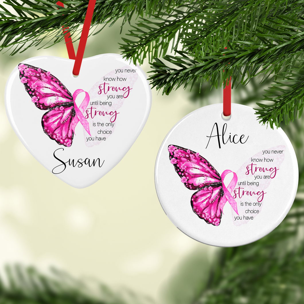 Pink Breast Cancer Butterfly Ribbon Personalised Ceramic Bauble