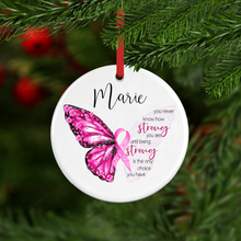 Load image into Gallery viewer, Pink Breast Cancer Butterfly Ribbon Personalised Ceramic Bauble

