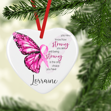 Load image into Gallery viewer, Pink Breast Cancer Butterfly Ribbon Personalised Ceramic Bauble
