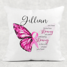 Load image into Gallery viewer, Butterfly Breast Cancer Ribbon Personalised Cushion
