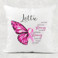 Load image into Gallery viewer, Butterfly Breast Cancer Ribbon Personalised Cushion
