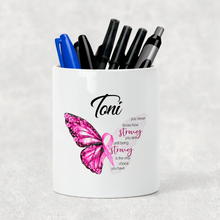 Load image into Gallery viewer, Butterfly Breast Cancer Ribbon Personalised Pencil Caddy / Make Up Brush Holder

