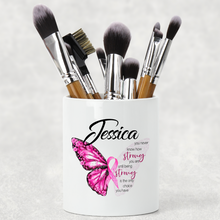 Load image into Gallery viewer, Butterfly Breast Cancer Ribbon Personalised Pencil Caddy / Make Up Brush Holder
