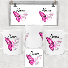 Load image into Gallery viewer, Butterfly Breast Cancer Ribbon Personalised Mug &amp; Coaster
