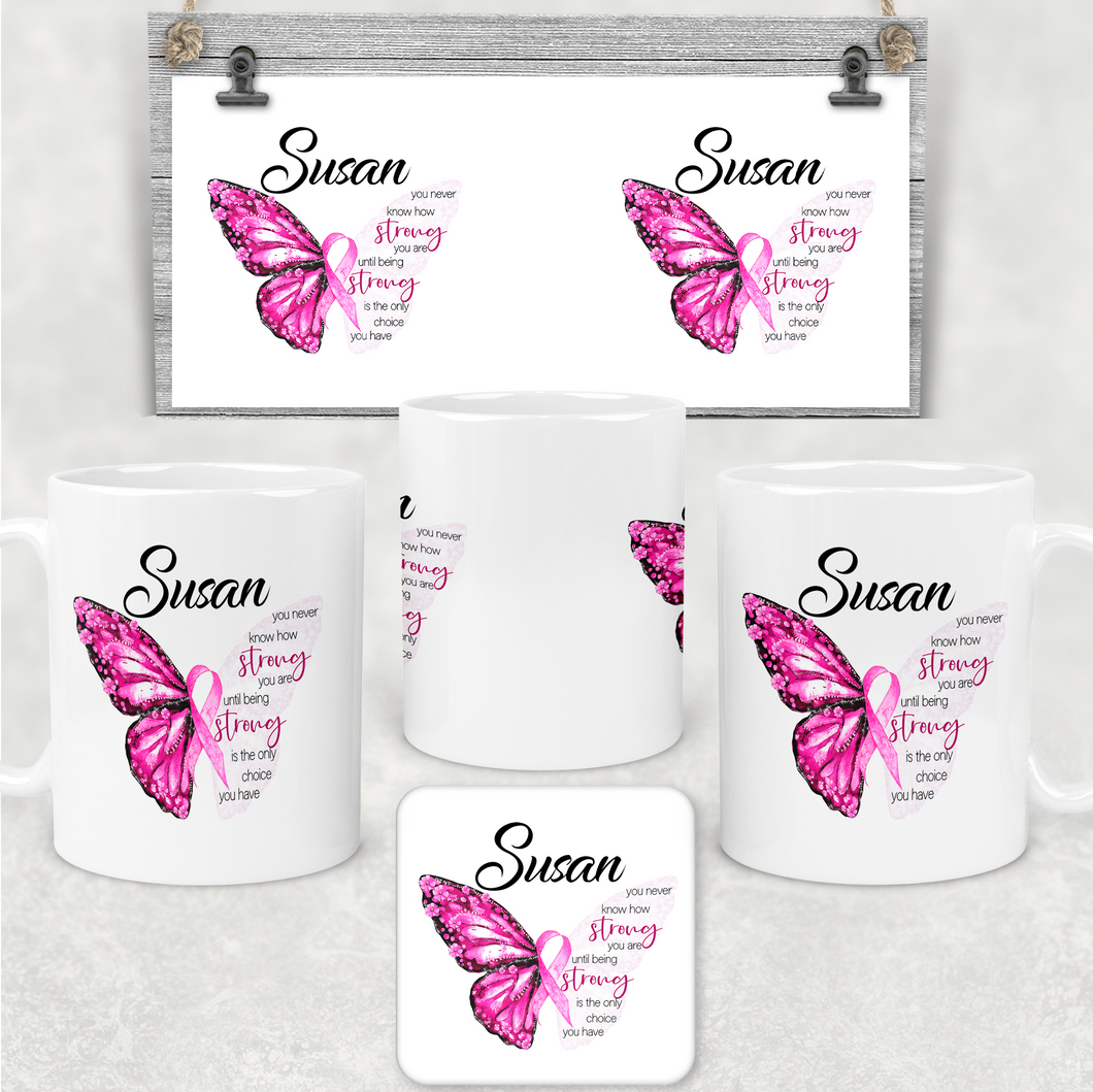 Butterfly Breast Cancer Ribbon Personalised Mug & Coaster