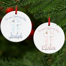 Load image into Gallery viewer, On Your Christening Day Watercolour Personalised Ceramic Round Christmas Bauble
