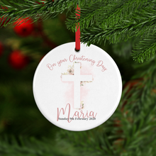 Load image into Gallery viewer, On Your Christening Day Watercolour Personalised Ceramic Round Christmas Bauble
