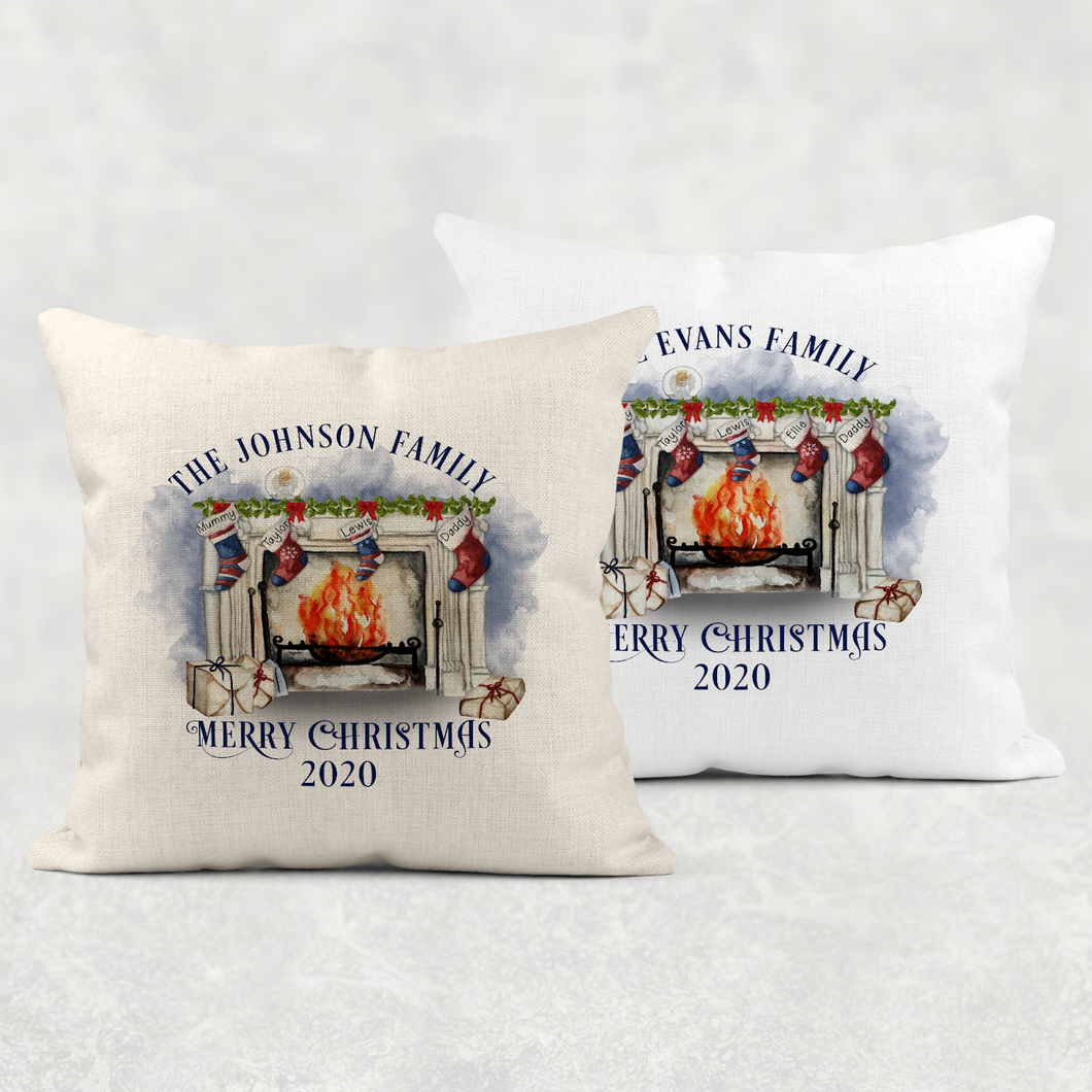 Christmas Fireplace Personalised Cushion Cover Linen White Canvas