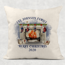 Load image into Gallery viewer, Christmas Fireplace Personalised Cushion Cover Linen White Canvas

