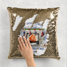 Load image into Gallery viewer, Christmas Festive Fireplace Personalised Mermaid Sequin Cushion
