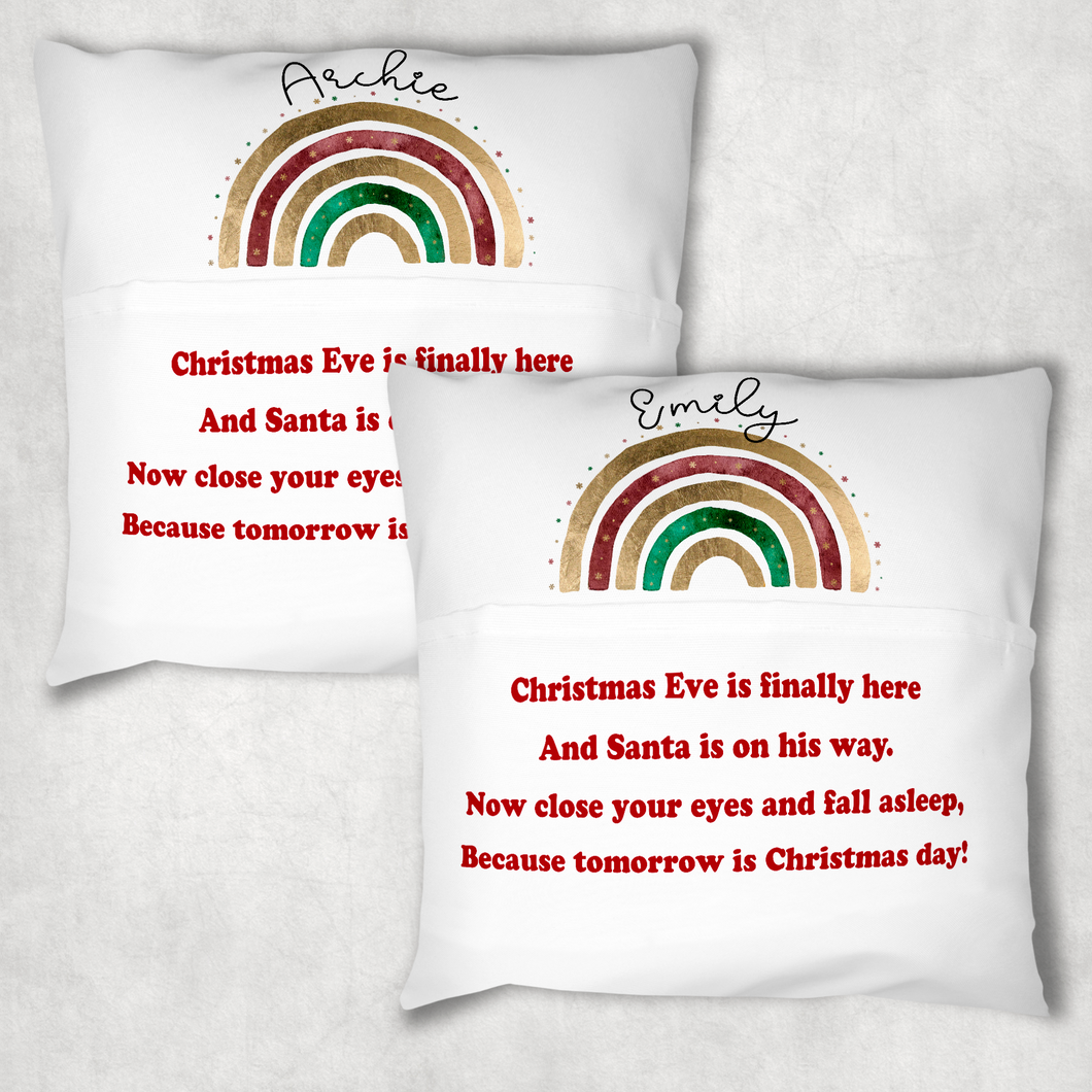 Christmas Rainbow Personalised Pocket Book Cushion Cover White Canvas