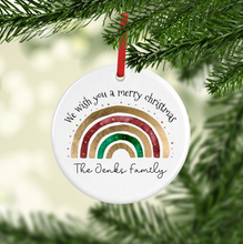 Load image into Gallery viewer, Festive Rainbow Watercolour Personalised Ceramic Round or Heart Christmas Bauble
