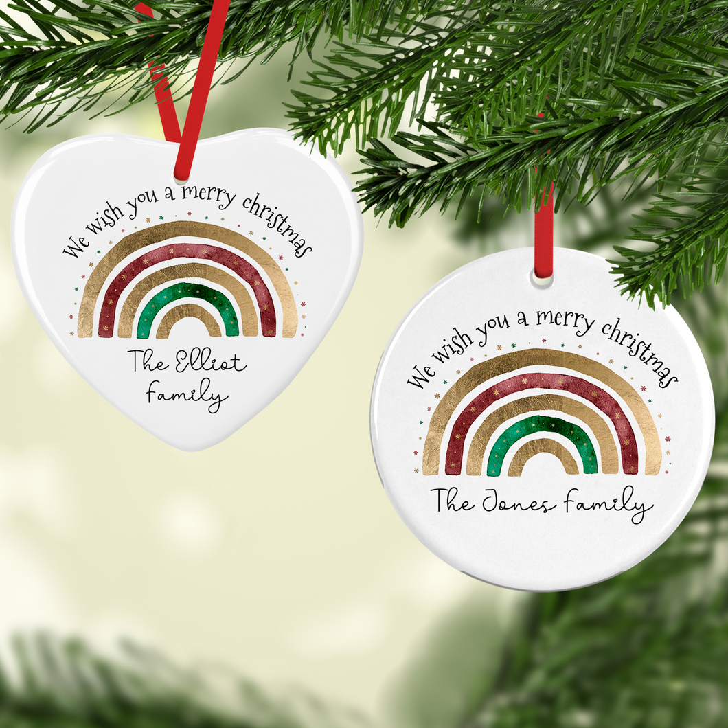 Festive Rainbow Watercolour Personalised Ceramic Round or Heart Christmas Bauble