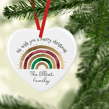 Load image into Gallery viewer, Festive Rainbow Watercolour Personalised Ceramic Round or Heart Christmas Bauble
