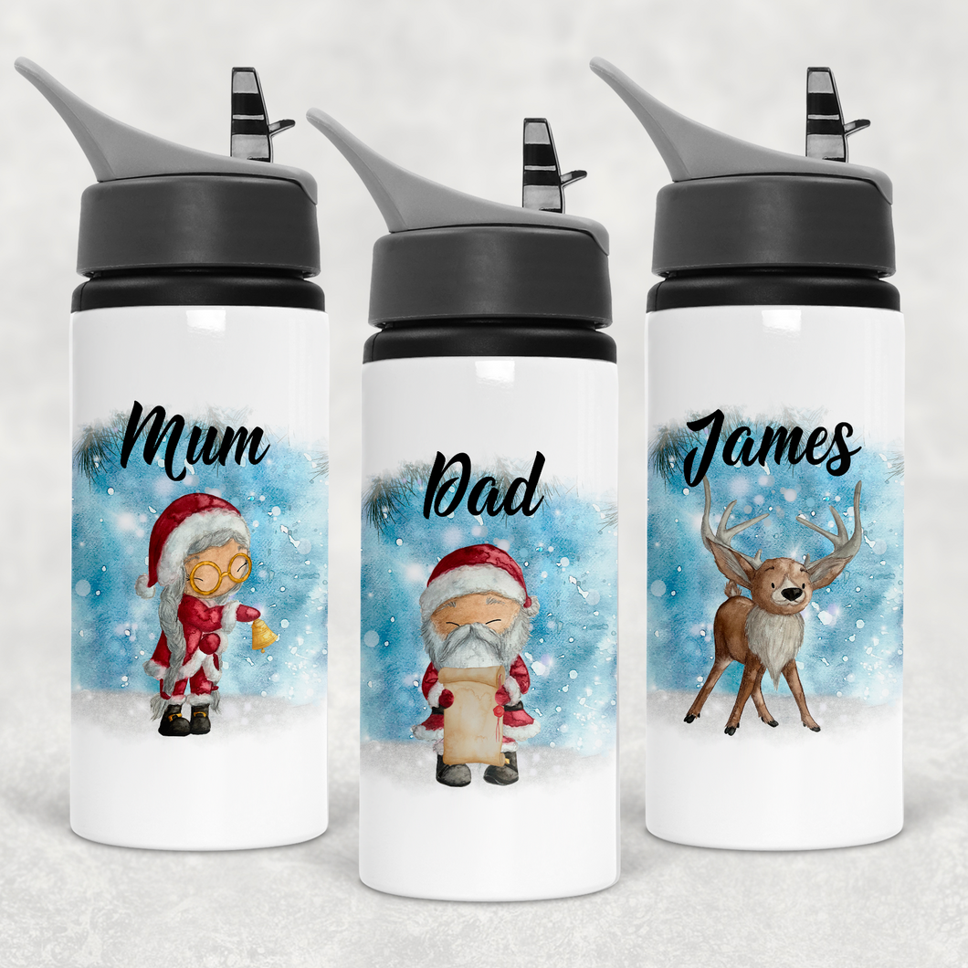 Santa, Mrs Claus, Reindeer or Elf Christmas Personalised Aluminium Straw Water Bottle 650ml
