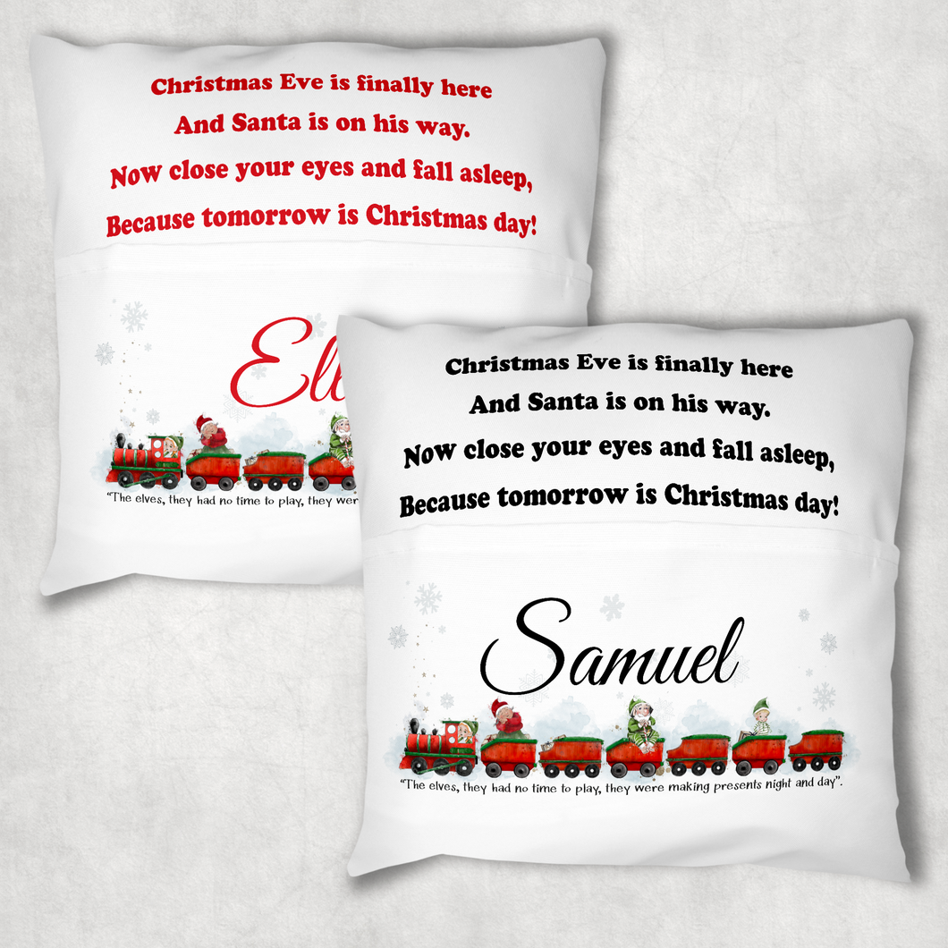 Christmas Train Personalised Pocket Book Cushion Cover White Canvas
