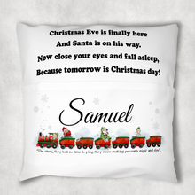 Load image into Gallery viewer, Christmas Train Personalised Pocket Book Cushion Cover White Canvas
