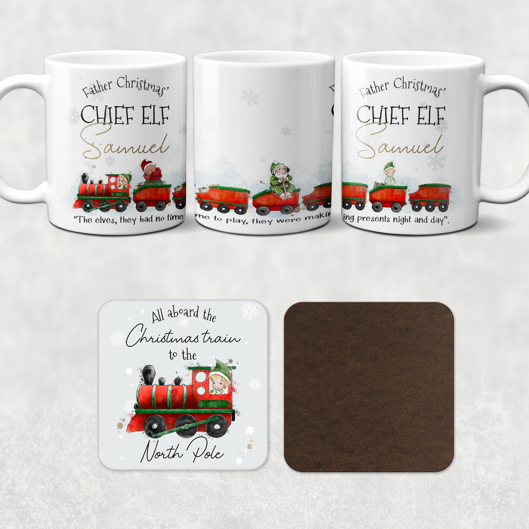Father Christmas' Chief Elf Christmas Train Personalised Christmas Eve Mug and Coaster Set