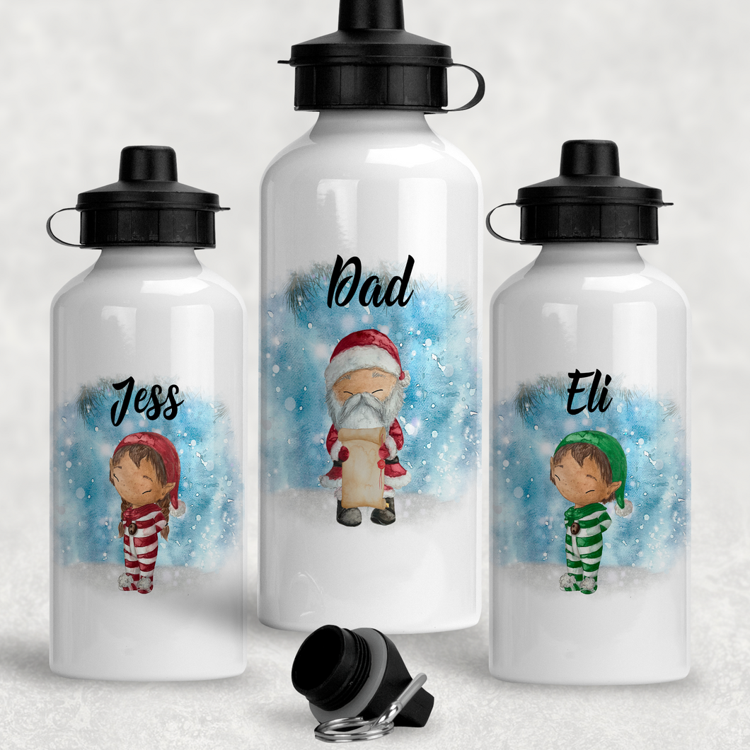 Father Christmas, Mrs Claus, Elf or Reindeer Personalised Christmas Aluminium Water Bottle 400/600ml