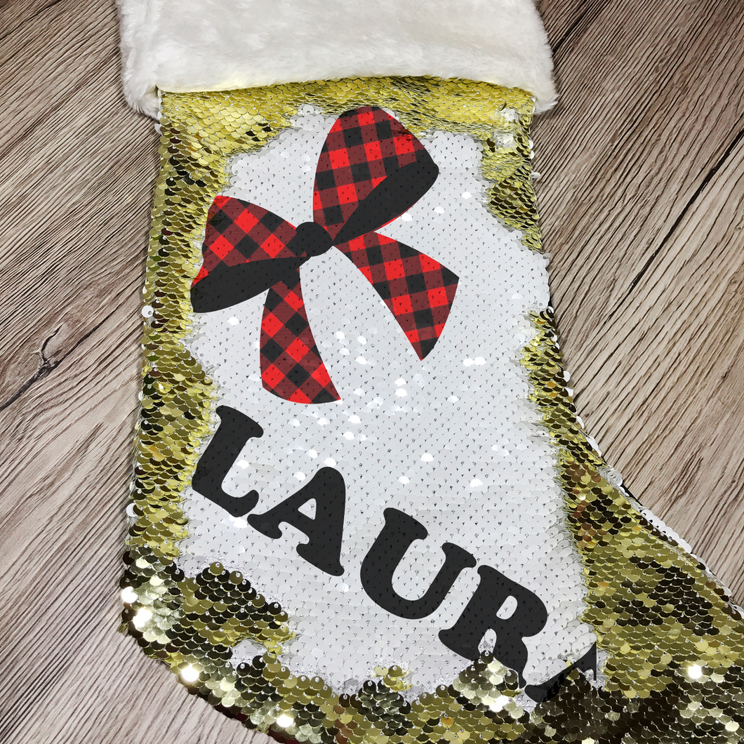 Personalised Bow Gold Sequin Christmas Stocking - Christmas - Molly Dolly Crafts