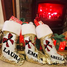 Load image into Gallery viewer, Personalised Bow Gold Sequin Christmas Stocking - Christmas - Molly Dolly Crafts
