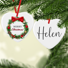 Load image into Gallery viewer, Christmas Wreath with Name Double Sided Ceramic Round or Heart Christmas Bauble
